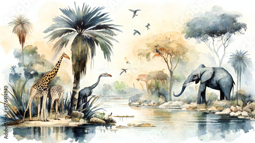African tropical jungle landscape with trees next to the river and elephants, giraffes, birds. Watercolor painting style, Ai generative.