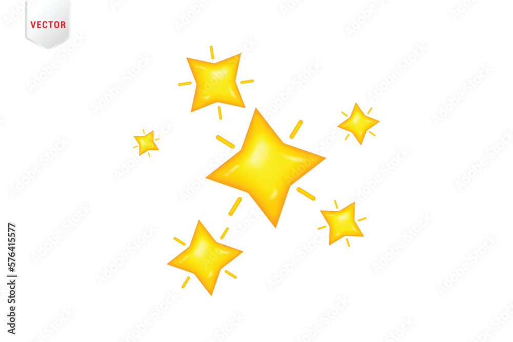 Fototapeta premium Set of yellow stars different shapes. Five stars glossy colors. Realistic 3d design cartoon style. vector illustration EPS 10