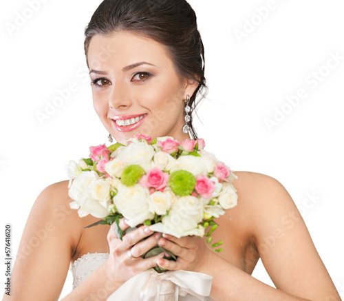 Beautiful bride holding bouquet of flowers isolated on white background