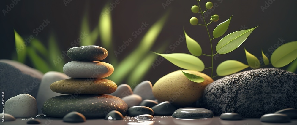image of bamboo stones and leaves background for wellness spa treatments, generative ai - obrazy, fototapety, plakaty 
