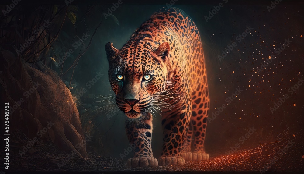 Leopard in a dark forest. Generative AI - obrazy, fototapety, plakaty 