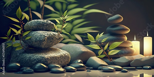 image of bamboo stones and leaves background for wellness spa treatments, generative ai