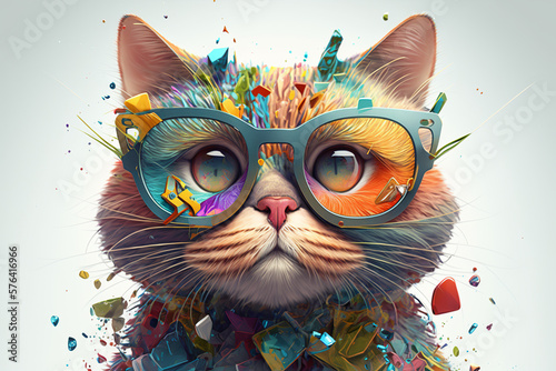 Cartoon colorful cat with sunglasses on white background. Created with generative ai