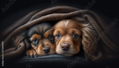 Puppy dogs under blanket, generative ai © AI BLONDY