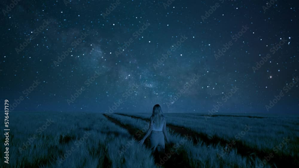 Young Beautiful Woman happily Walking in slow motion through a Field at Night. Woman looking at beautiful Milky Way Galaxy. Night colorful landscape. Starry Sky at summer