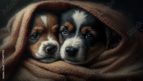 Puppy dogs under blanket, generative ai © AI BLONDY