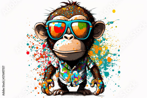 Cartoon colorful monkey with sunglasses on white background, Created with generative AI