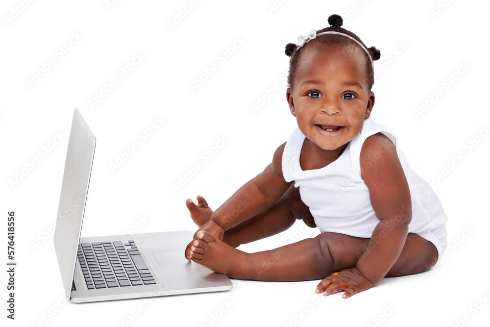 The cure for boredom is curiousity. Studio shot of an adorable baby girl using a laptop isolated on white. The cure for boredom is curiousity. Studio shot of an adorable baby girl using a laptop isolated on white.