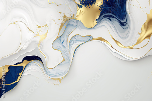 Abstract marble white, blue and gold background. Wedding invitation backdrop. Ai generated