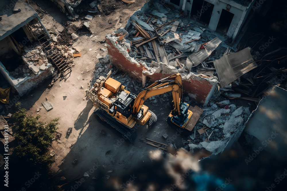Destroy after Earthquake, Rescue service excavator clears rubble of house after natural disaster. Generation AI Destroy after Earthquake, Rescue service excavator clears rubble of house after natural disaster. Generation AI