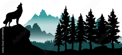 Black silhouette of wild howling wolf on rock and forest fir trees mountains camping wildlife adventure landscape panorama illustration icon vector for logo, isolated on white background