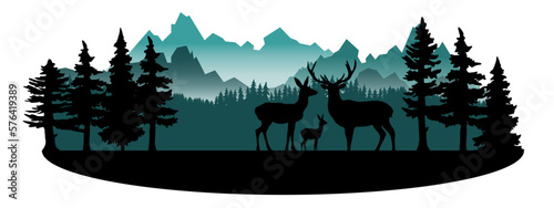 Black silhouette of fir trees and wild deer, landscape panorama illustration icon vector for forest wildlife adventure camping logo, isolated on white background