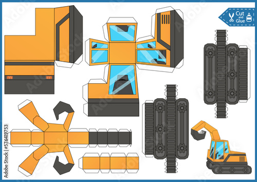 Kids craft game. Activity page cut and glue paper 3d excavate. Papercraft education printable template. DIY birthday construction cars décor.