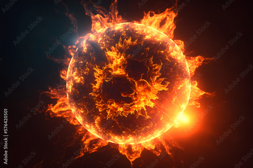 Sun star with bursts of plasma on dark background sky in Solar System