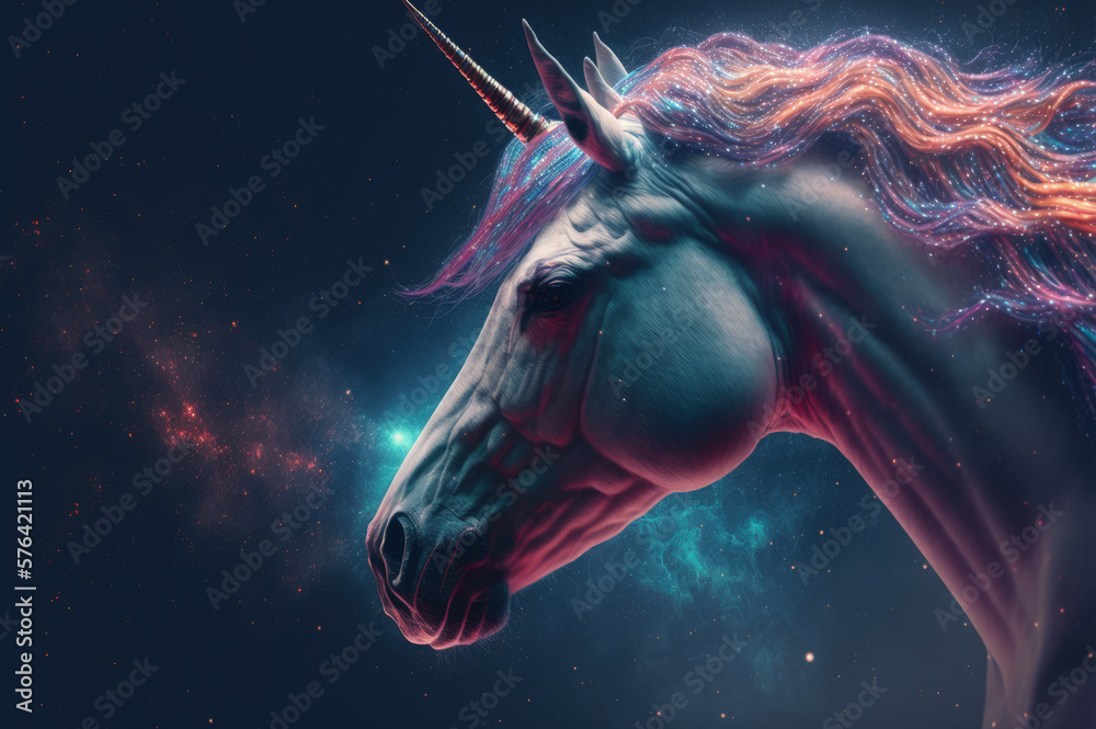 Unicorn in space with particle dust. Generative AI Unicorn in space with particle dust. Generative AI