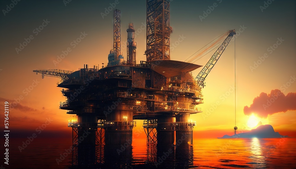 oil rig, ocean, against the backdrop of the sunset.  Concept. Generative AI.