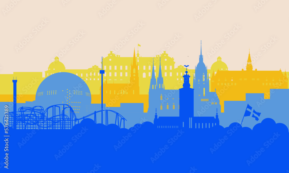 Illustration of sweden stockholm city silhouette with various buildings, monuments, tourist attractions