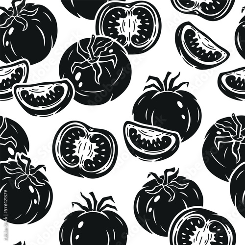 Tomato Seamless pattern. Slice of tomato. Tomatoes Black Silhouettes. Fresh Vegetables Vector Background. Great for Food Wrapping Paper or Packaging.