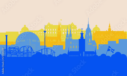 Illustration of sweden stockholm city silhouette with various buildings, monuments, tourist attractions