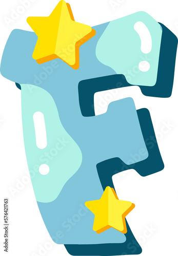 Candy glossy font design. Pastel blue and paper yelow star decor letters ABC. Sweets for girls. Letter F