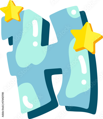 Candy glossy font design. Pastel blue and paper yelow star decor letters ABC. Sweets for girls. Letter H