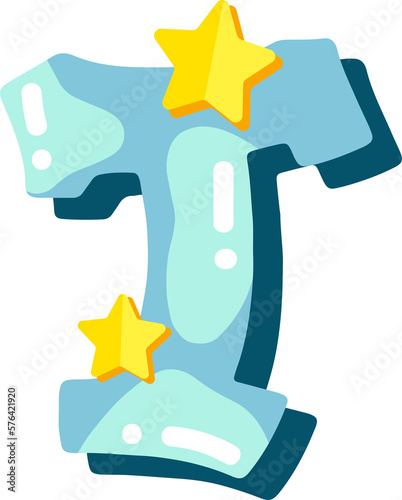 Candy glossy font design. Pastel blue and paper yelow star decor letters ABC. Sweets for girls. Letter T