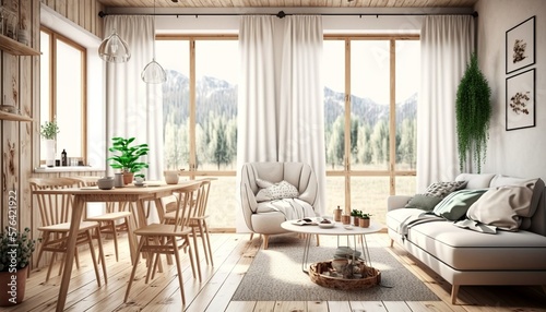 Comfort apartment in bohemian style interior with hygge living room with bookshelf, AI generated © Hdi