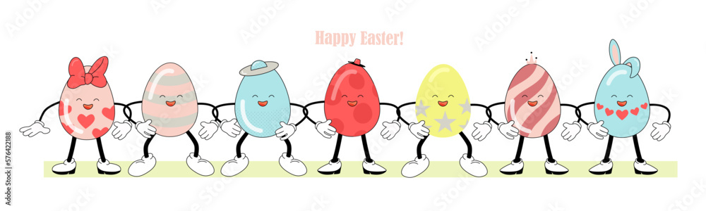 Obraz premium Painted Easter eggs - funny characters, retro atmosphere. Happy Easter lettering. Bright vector illustration