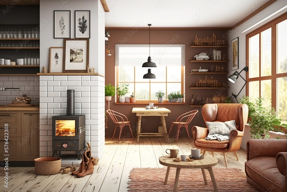 Scandinavian and bohemian interior with white brick wall and armchair, AI generated Scandinavian and bohemian interior with white brick wall and armchair, AI generated