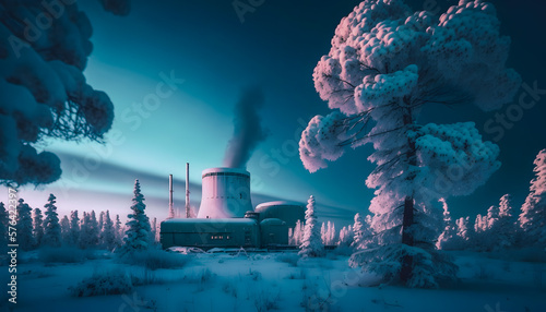Nuclear power plant Winter landscape with northern lights Aurora Borealis. Generation AI © Adin
