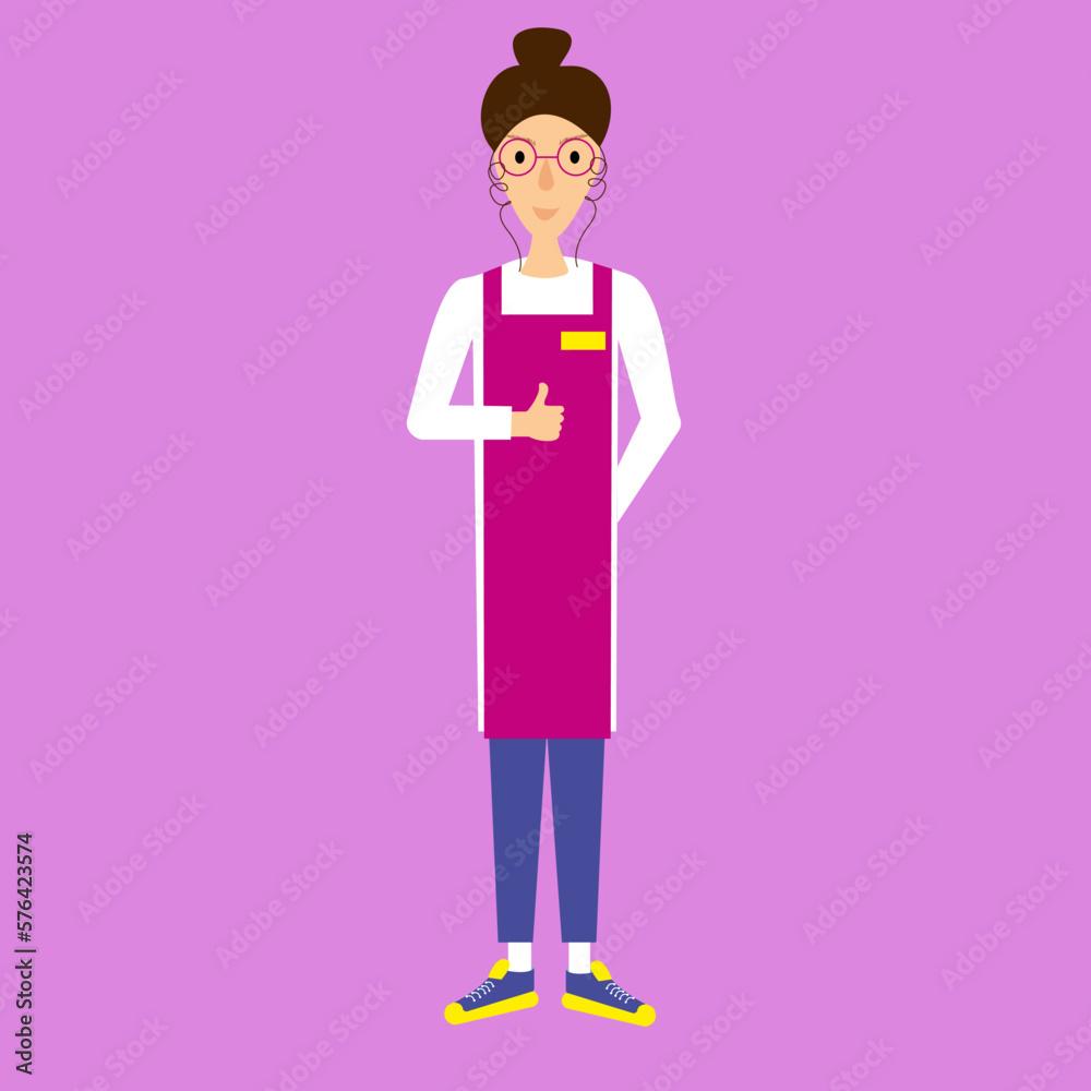 Seller, girl, light skin color, good mood, shows approval, dressed in apron, pants and sneakers Seller, girl, light skin color, good mood, shows approval, dressed in apron, pants and sneakers