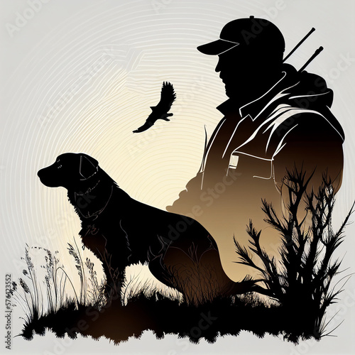 Silhouette of hunter with hunting rifle and hunting dog..