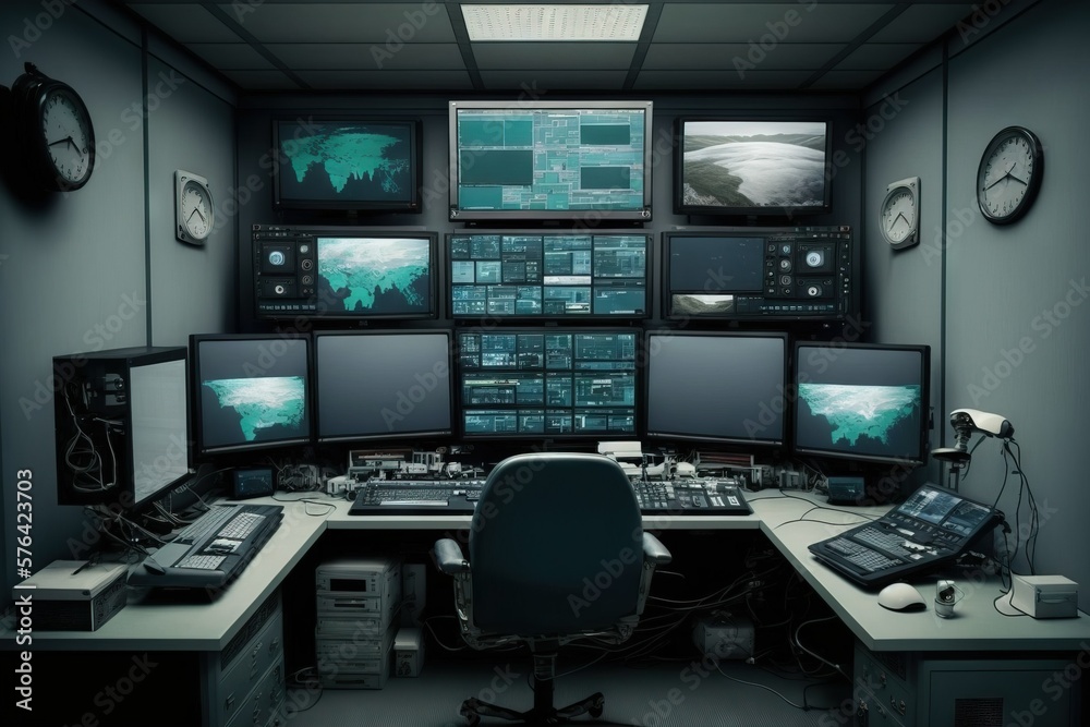 Surveilence monitoring workplace with many screens. Control room. Surveilence monitoring workplace with many screens. Control room.