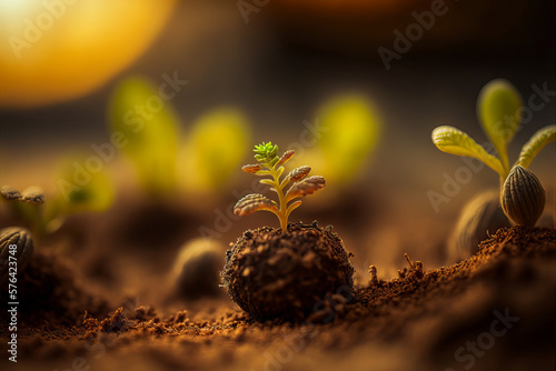 Macro close up of a small plant growing and budding from its seed in fresh spring earth. See the vibrant colors of life awaken. Use as a backdrop for nature themes. Generative AI