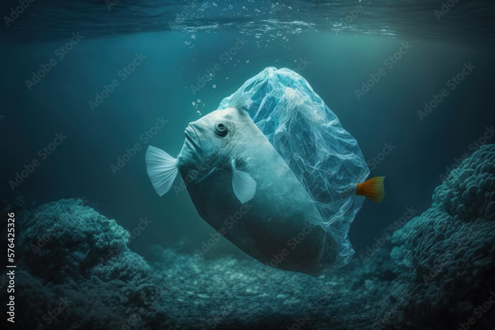 Fototapeta premium Fish with a plastic bag in the sea, Generative AI