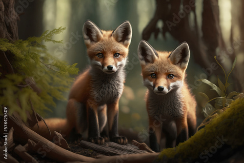 Two red fox cubs in summer forest  Generative AI