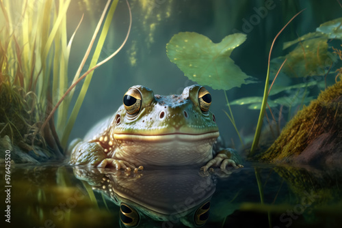 Close frog in summer pond, AI Generative