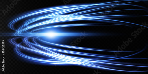 Abstract light lines of movement and speed with blue color and sparkles. Light everyday glowing effect. semicircular wave, light trail curve swirl, optical fiber incandescent