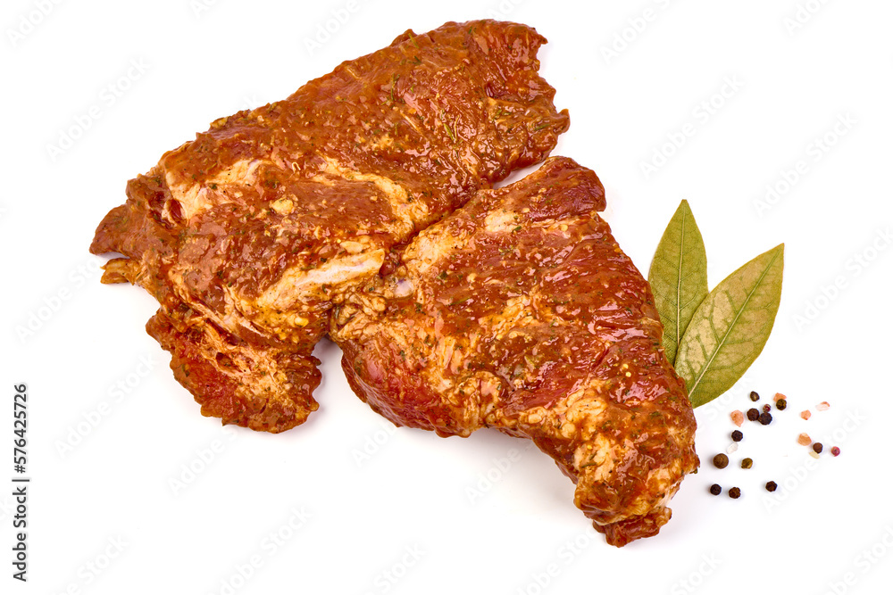 Spicy marinated ribs, BBQ, meat for grill, isolated on white background. Spicy marinated ribs, BBQ, meat for grill, isolated on white background.