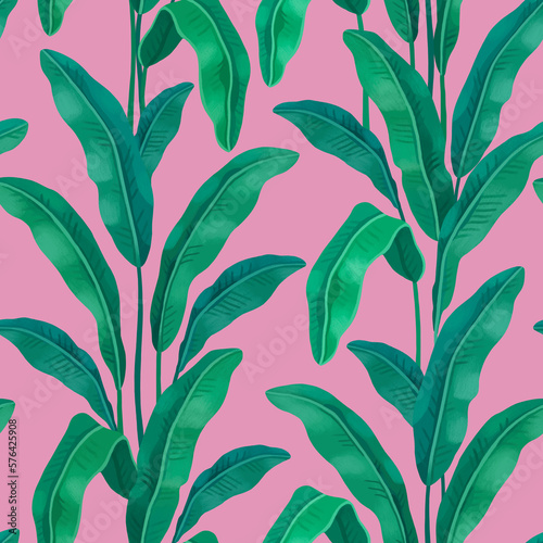 Hand painted illustration of Tropical leaves. Seamless pattern