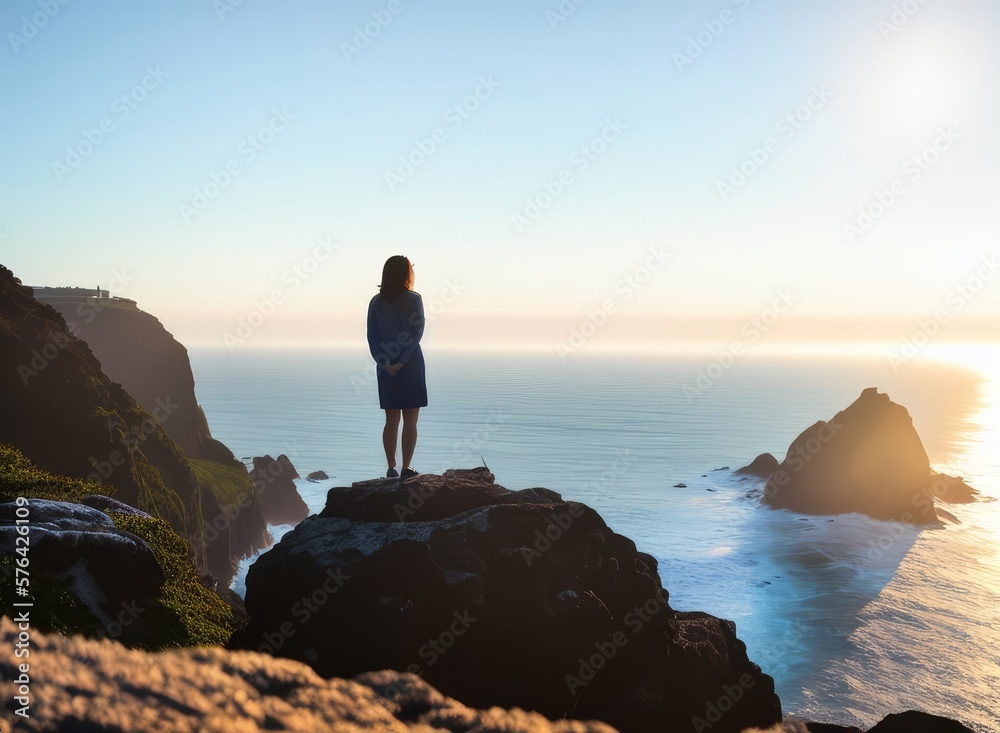 Fototapeta premium woman on top of a rock looking at the sea