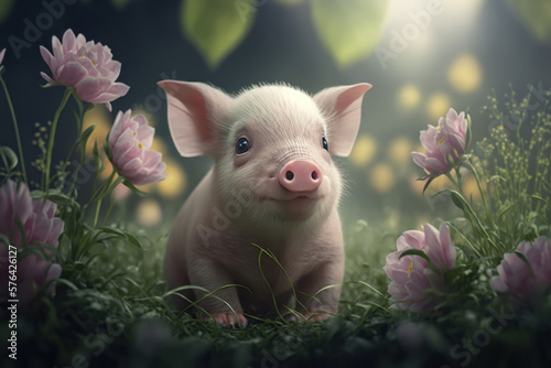 Cute pig on meadow with flowers, Generative AI