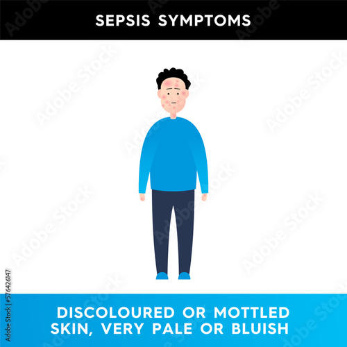 Vector illustration of a man whose face is covered with red spots. The character has a pale complexion and a mottled face. Symptoms of sepsis. Illustration for medical articles.