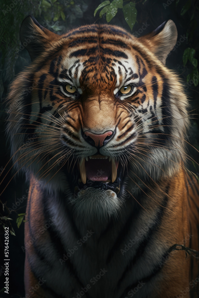 Fototapeta premium Angry Tiger portrait on jungle background, Generative AI