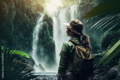 Girl in front of a waterfall in a jungle  Generative AI
