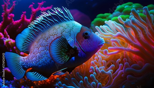 Neon fish in the natural environment, zoom imagine, reef background — Generative AI