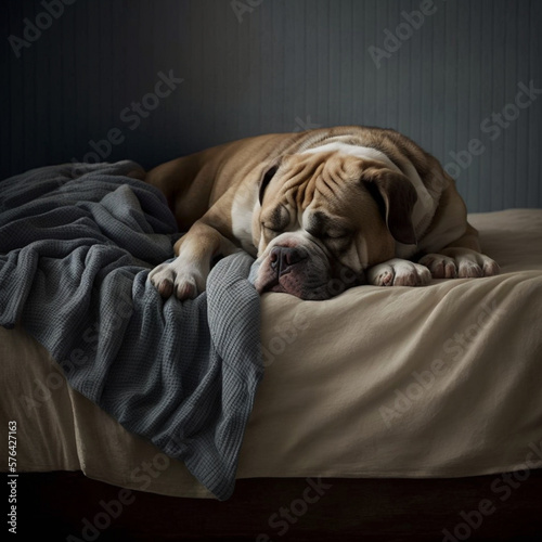 Cachorro dormindo na cama, criado por IA