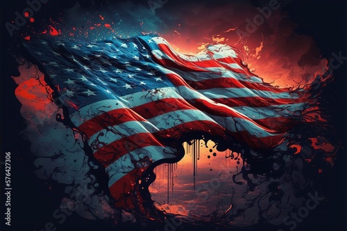 American flag falling apart of fiery dark background