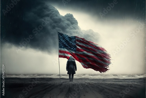 American flag on cloudy sky with person standing under