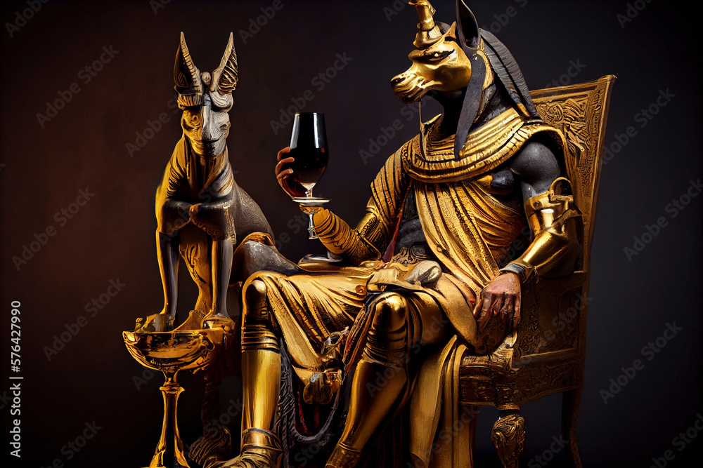Illustration of Anubis sitting on his throne in Egypt drinking a cup of wine on his throne created with Generative AI technology Illustration of Anubis sitting on his throne in Egypt drinking a cup of wine on his throne created with Generative AI technology